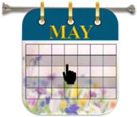 A calendar icon for May with a pointer hand